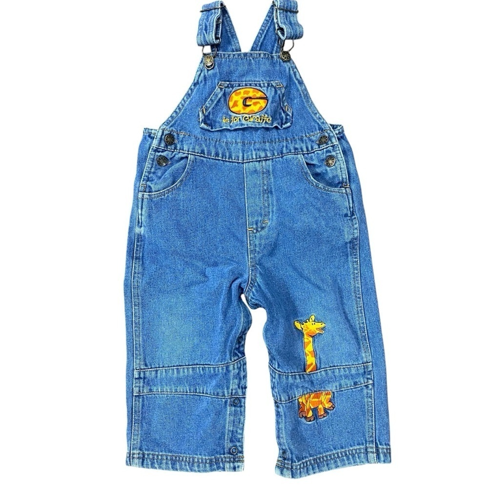 VTG 90s Small Steps Embroidered G Giraffe Denim Overalls Bibs Size 24 Months